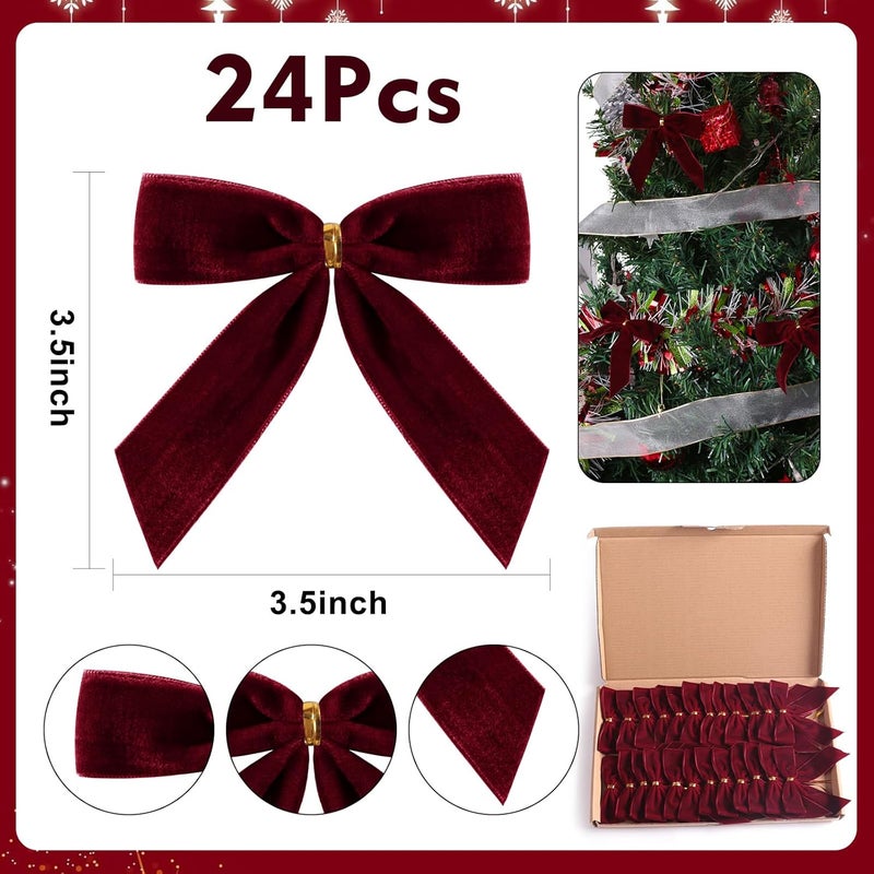 Utehilly 24 Pcs Burgundy Small Velvet Christmas Bows for Christmas Tree, Wreath, Gift Wrapping, Crafts, Wedding, Party, Twist Tie Bows for Treat Bag Bakery Candy Bags, Home Decor 1" W,3.5 x 3.5 inch - Image 2